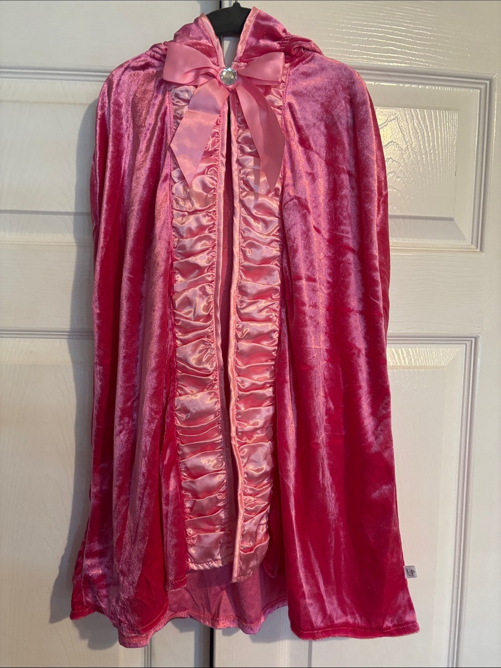 Girls Pink Velvet Hooded Cape with Satin Ruffle and Bow